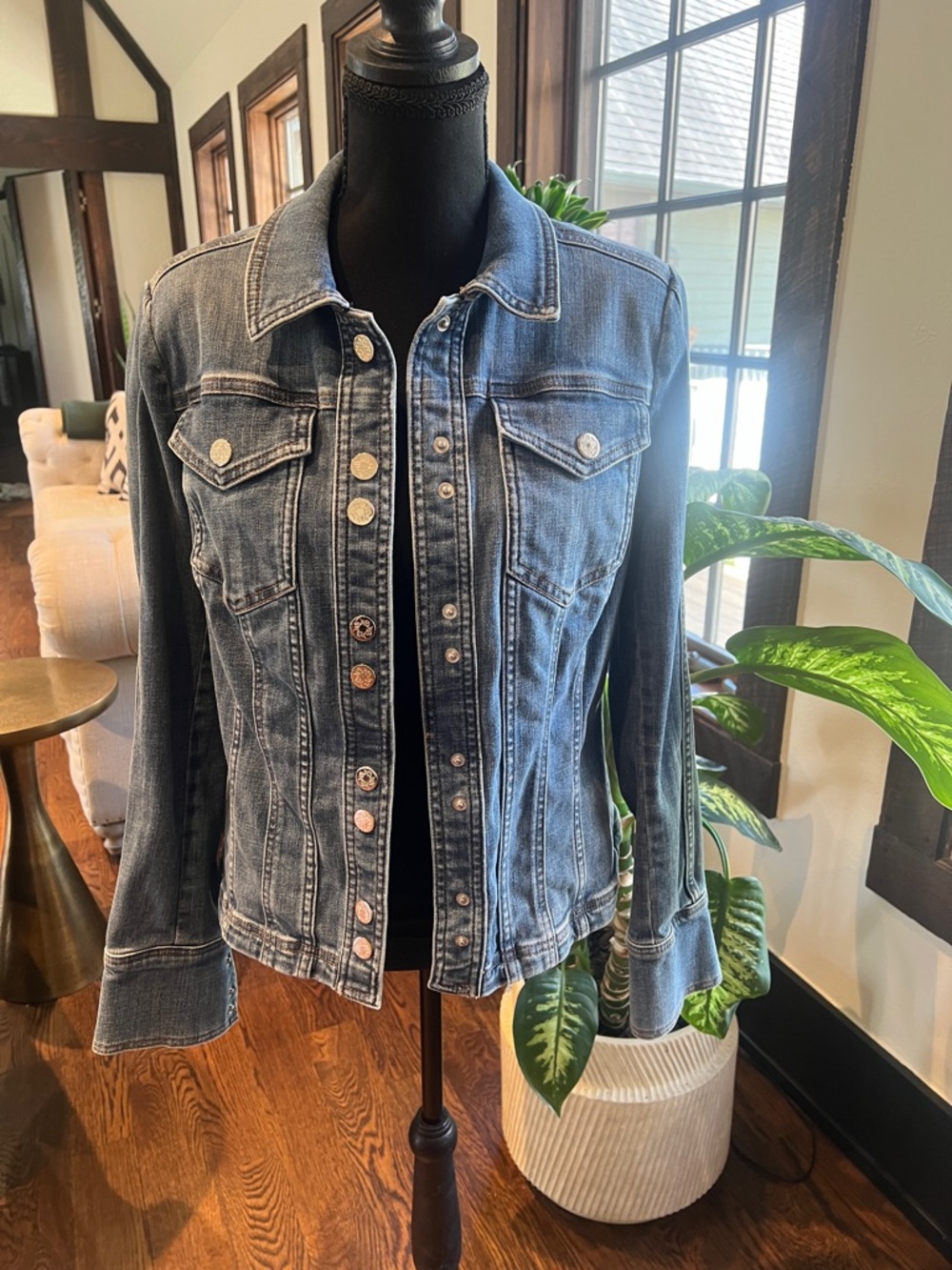 White House Black Market Distressed Blue Denim slightly fitted Jacket